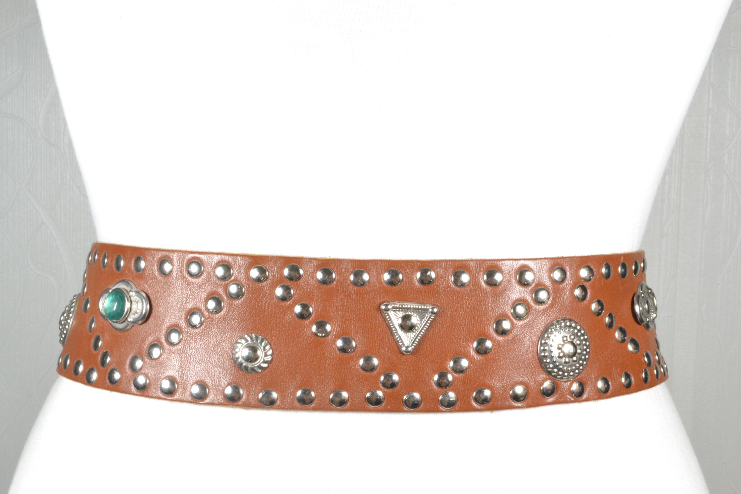 Wide Brown Studded Leather Belt, Vintage Rocker Boho Western  display picture 3