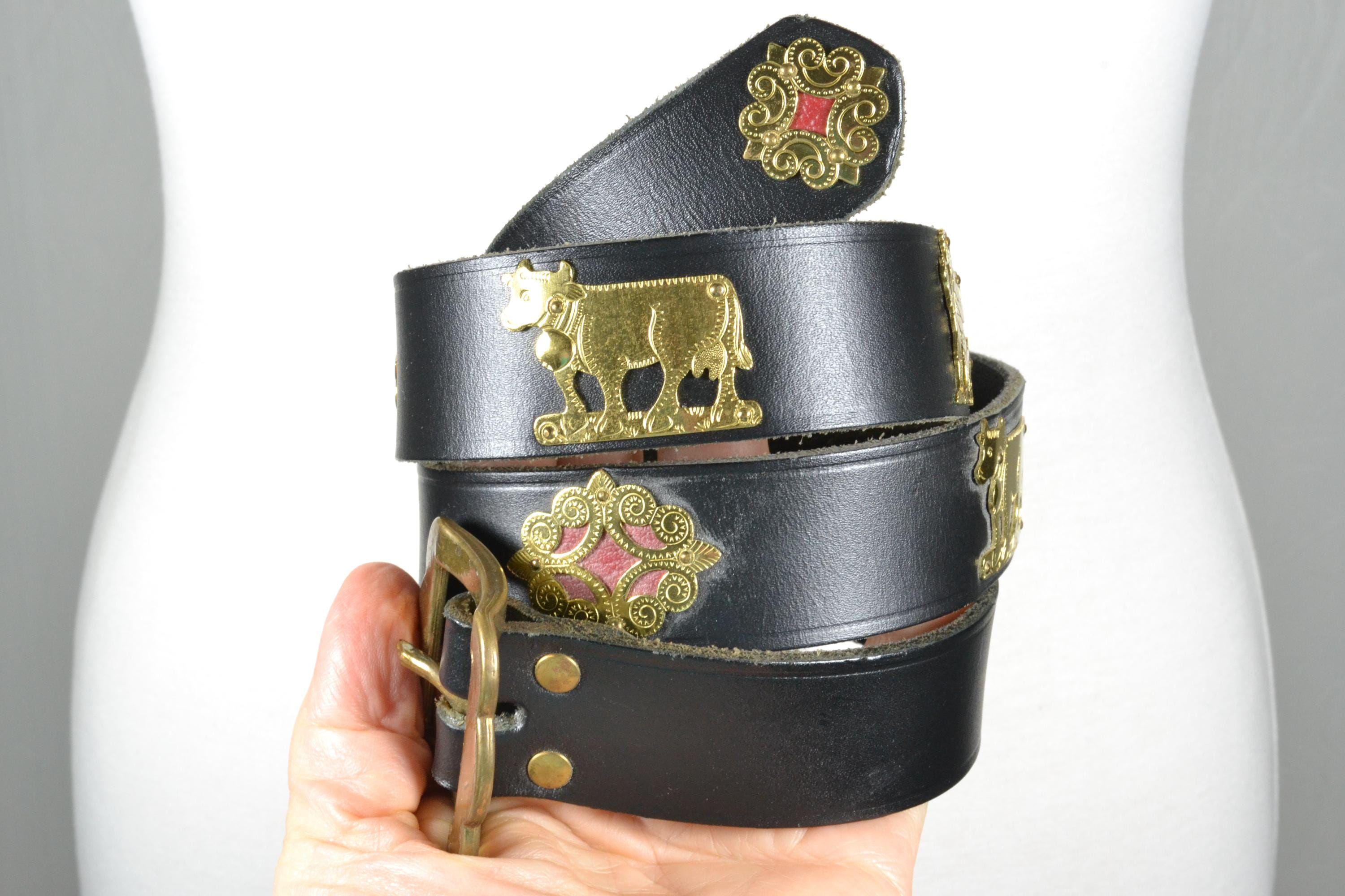 Western Boho Black Leather Belt With Gold Ornate Cow and 