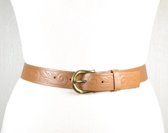 Vintage Tan Brown Genuine Leather Belt W Brass Buckle  display picture 1