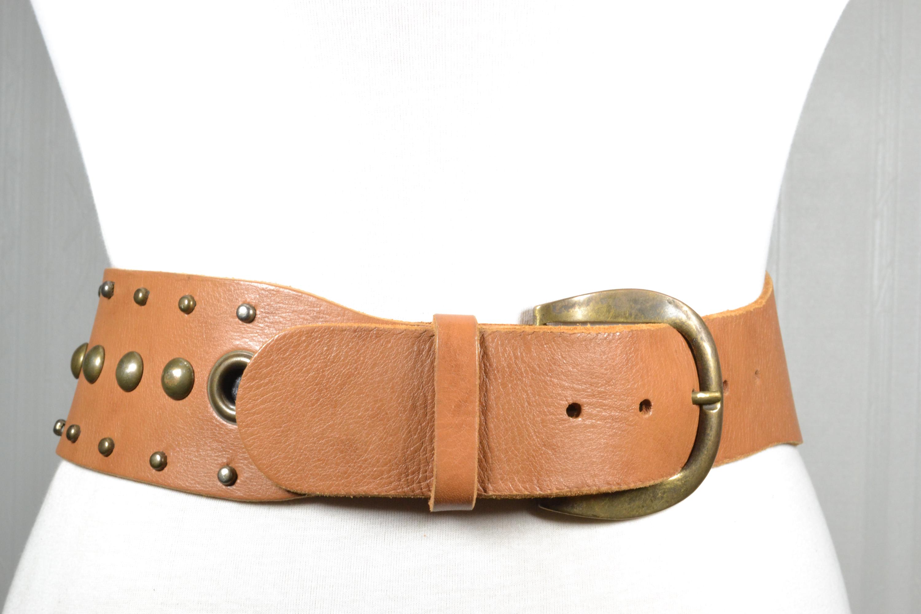 Vintage Genuine Leather Belt Size 40 XL Brown Studded Western Boho Wide Belt Vintage Wide Tan Studded Leather Belt With Brass Buckle  main image 3