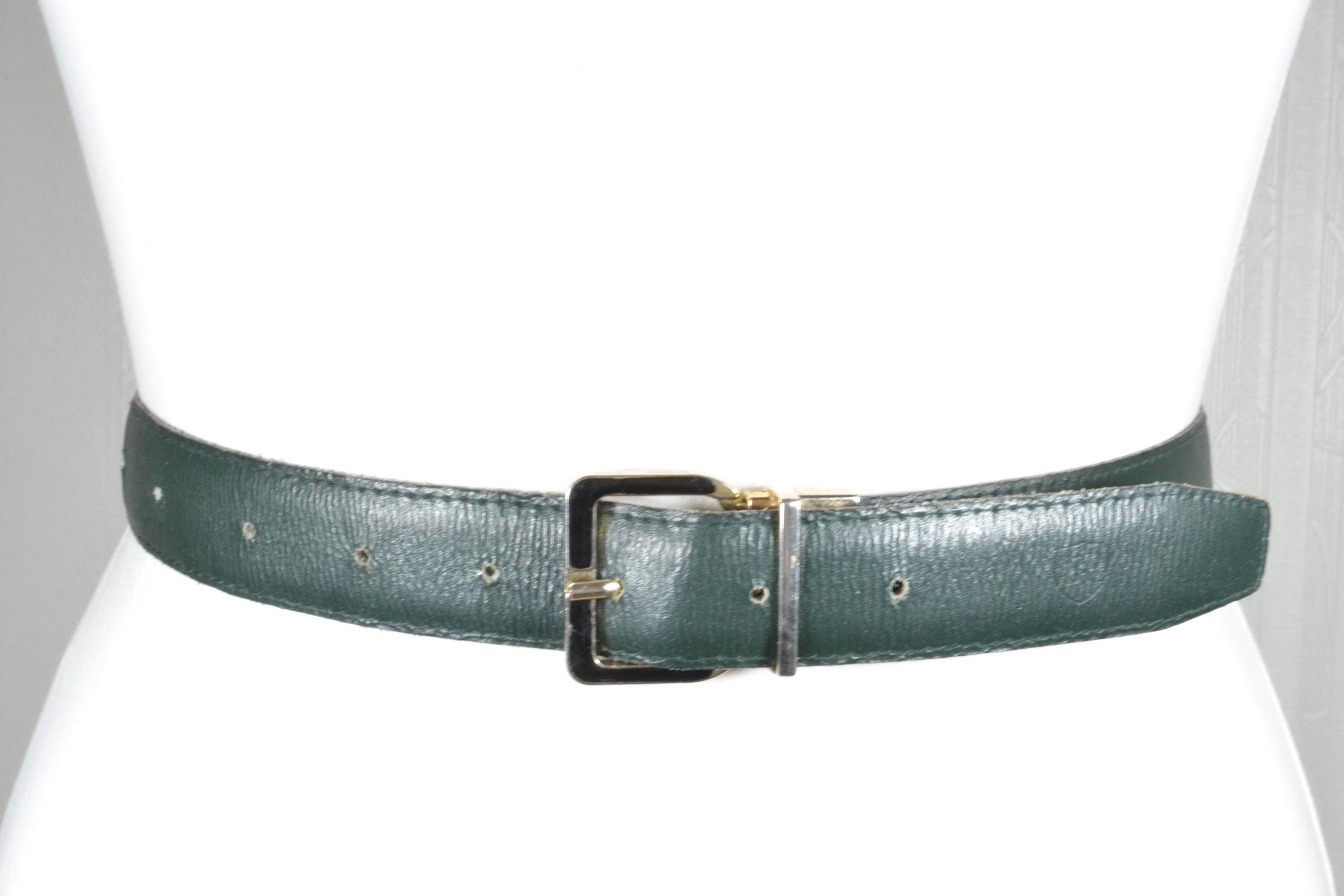 Vintage Green Leather Belt: Slim Gold Buckle, Women display picture 2