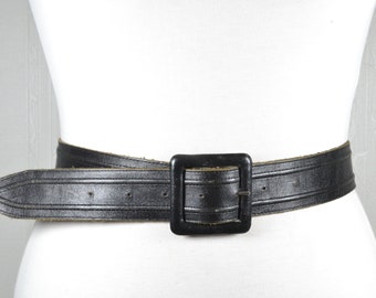 Wide Black Leather Belt, Square Buckle Belt