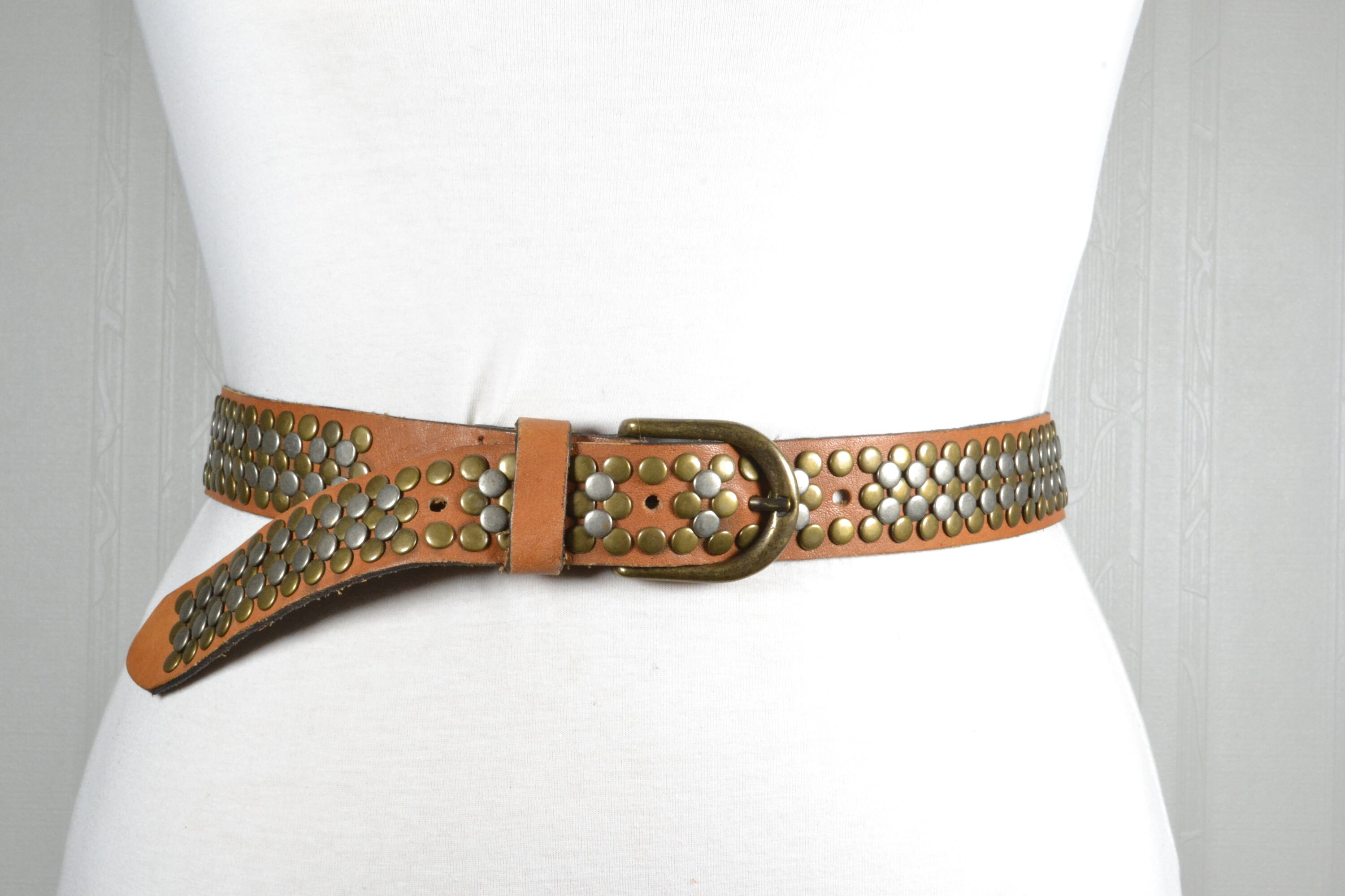 Vintage Rugged Western Tan Leather Studded Belt With Antique  display picture 3