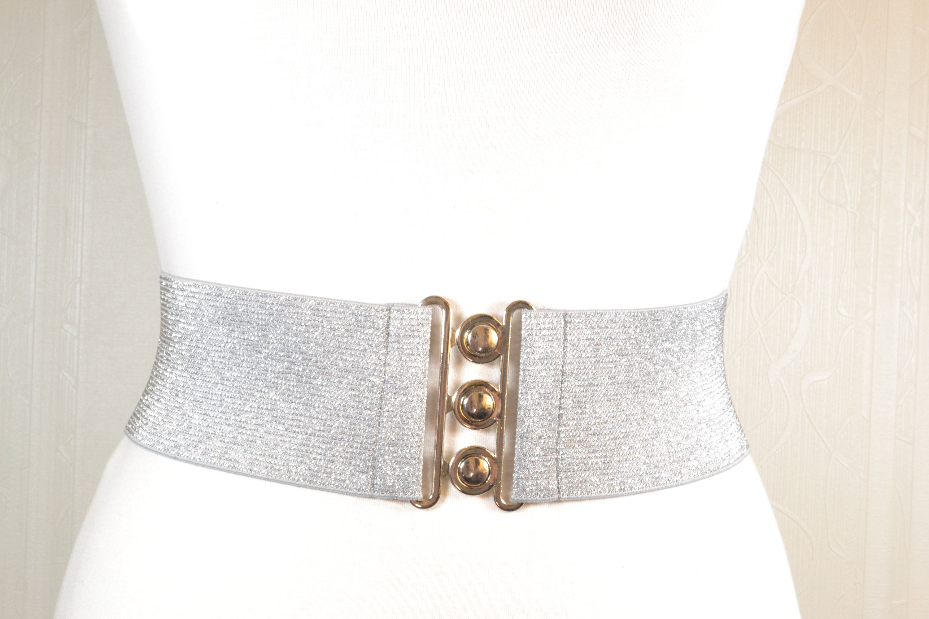 Vintage 80s Silver Metallic Sparkle Elastic Cinch Belt, Wide  display picture 3