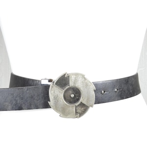 Black Leather Belt with Large Textured Circular Statement Buckle, Bold Industrial Fashion Belt, Adjustable Waist Belt for Dresses or Jeans