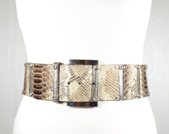 Vintage Snakeskin Leather Belt: Wide Silver Accents, 1980s Boho Accessory