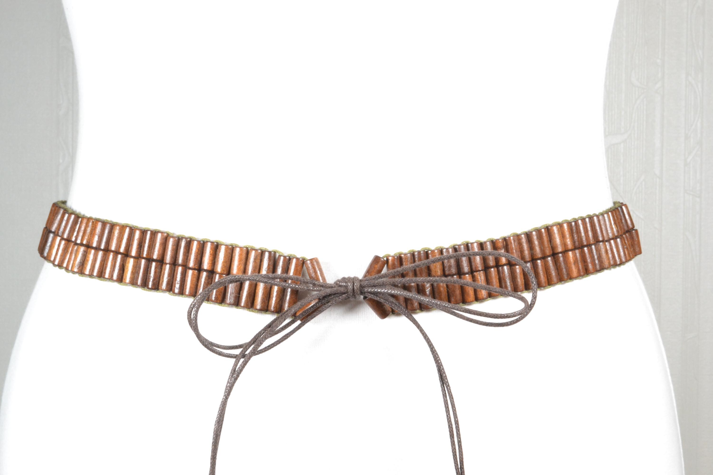 Vintage Boho Multicolor Wooden Bead Belt Adjustable Tassel Tie Burgundy Cord 28\' Vintage Brown Wooden Beaded Belt: Handmade Boho Tie Waist  main image 2