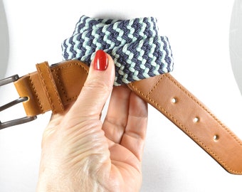Vintage handmade Bohemian Blue and Tan leather and fabric Woven Belt 34 Vintage handmade Bohemian Blue and Tan leather and fabric  main image 3
