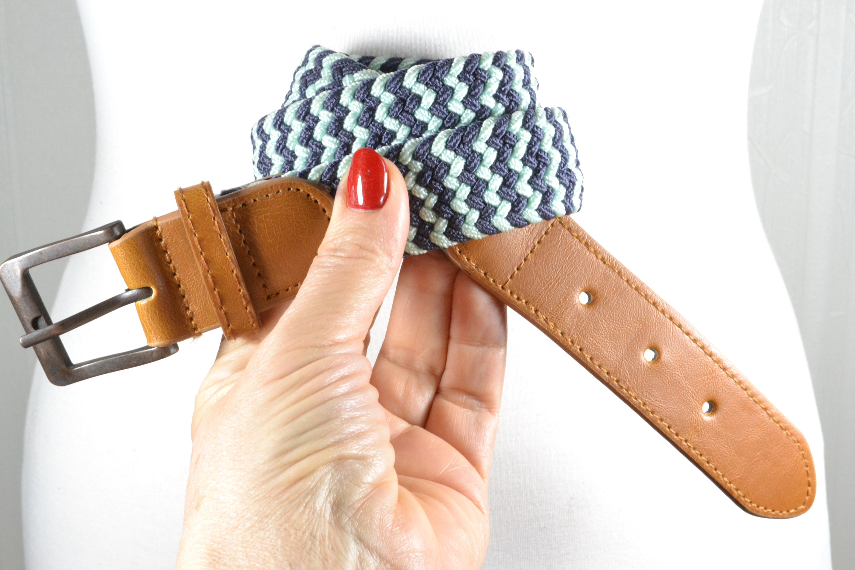 Vintage Woven Braided Ribbon Belt-Coastal Boho (Aqua Brown)Belt Size 13 FESTIVAL Vintage Boho Woven Blue and Green Braided Fabric Belt With  main image 4