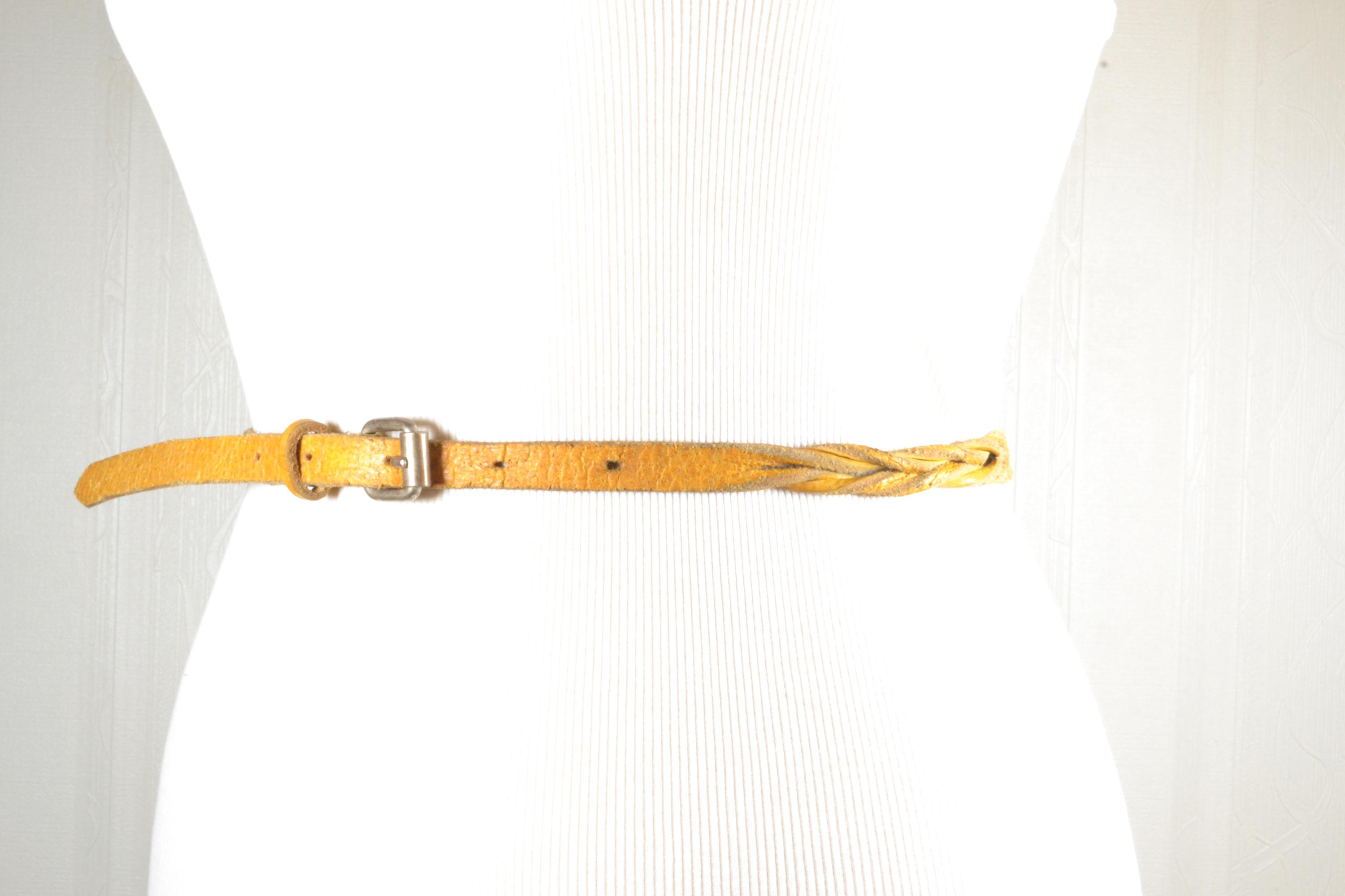 Benheart Thin Braided Leather Belt - Mustard Yellow & Silver Buckle Vintage Mustard Yellow Braided Leather Belt With Classic  main image 3