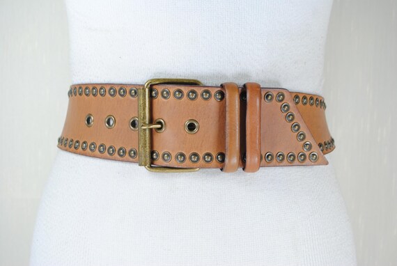 Vintage Brown Leather Wide Belt with Antique Brass Buckles JT JT Vintage Brass Buckle Genuine Full Grain Leather Casual  main image 2