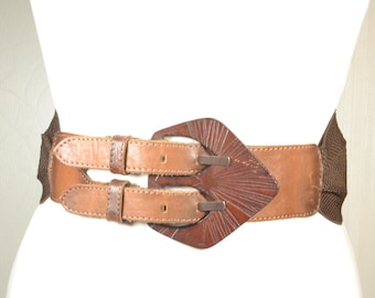 Wide Brown Leather Belt with Double Buckle, Vintage Stretch Back Belt, Rustic Embossed Buckle Belt for Women