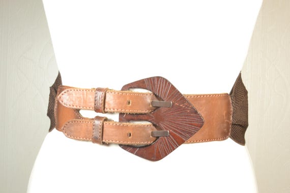 Wide Brown Leather Belt With Double Buckle, Vintage Stretch 