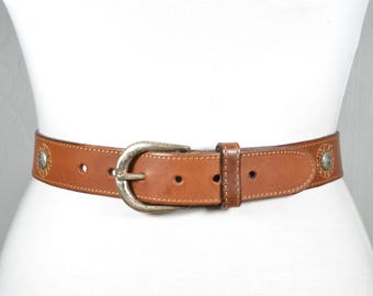 Vintage Handcrafted Rustic Brown Leather Belt with Concho and Western Silver Buckle