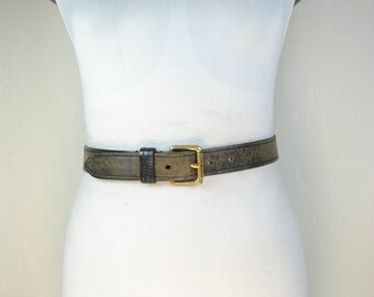 Black Distressed Leather Belt with Brass Buckle, Vintage Western Belt, Black Faded Belt, Brown Cracked Leather Belt