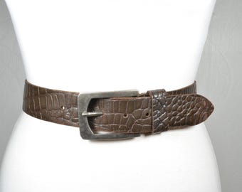 Vintage Wide Crocodile Leather Belt With Brass Buckle, Boho  display picture 3