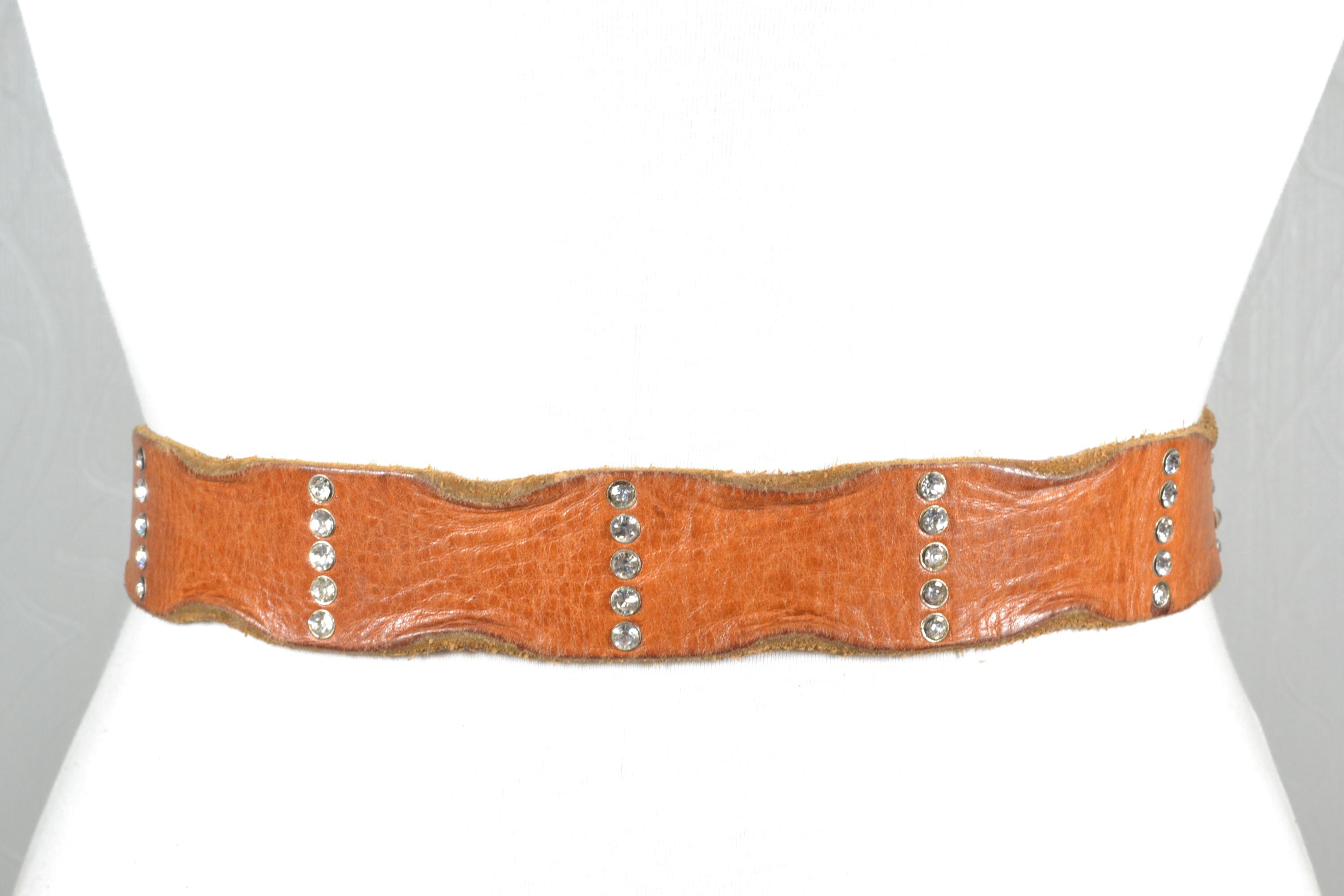 Vintage Western Cognac Leather Rhinestone Belt, Sparkling  display picture 1
