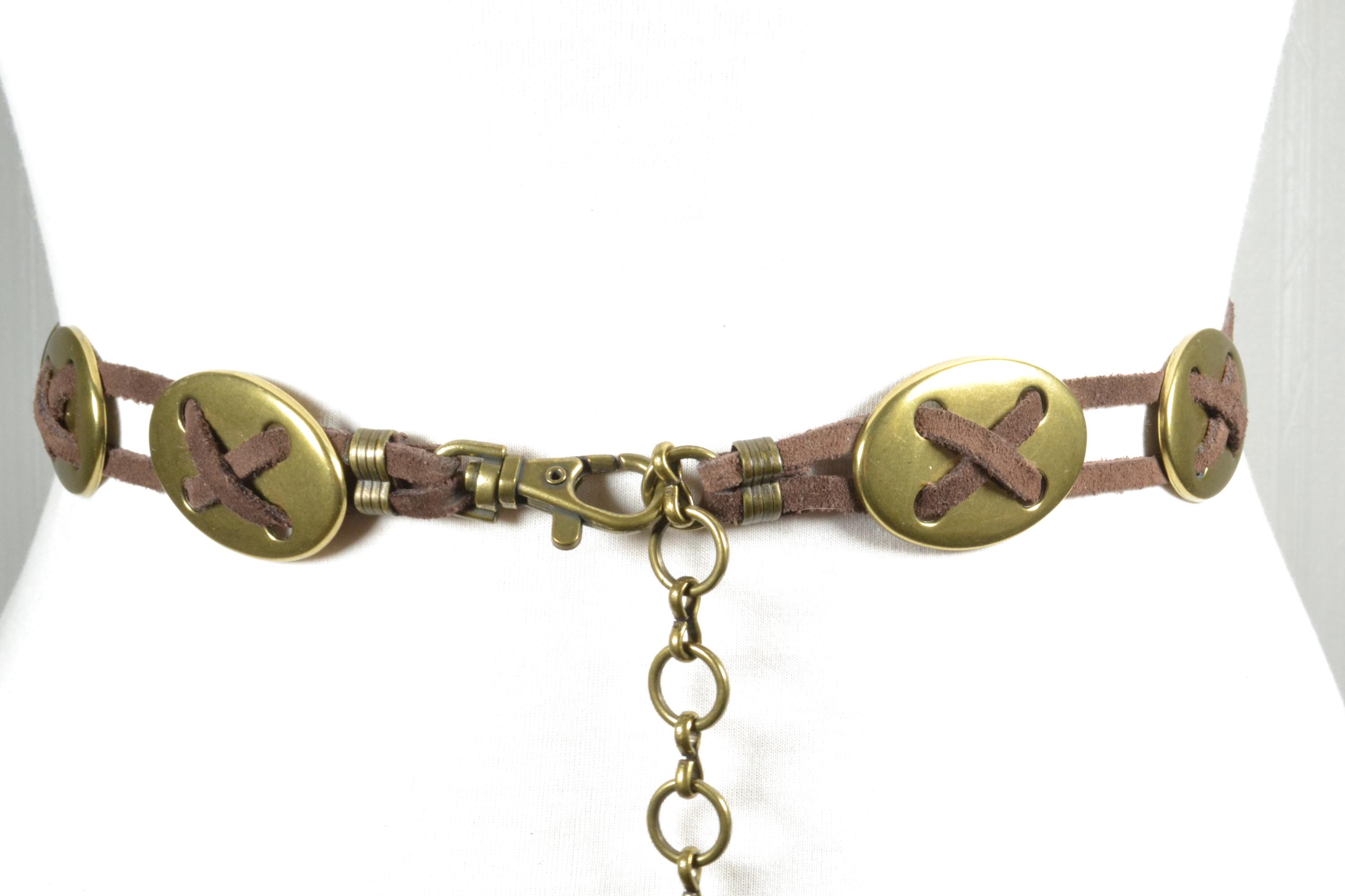 Boho Suede Cord Waist Belt: Brass Ovals, Adjustable Bohemian 