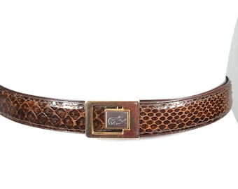 Vintage Lizard Embossed Leather Belt: Skinny Brown Reptile  display picture 2