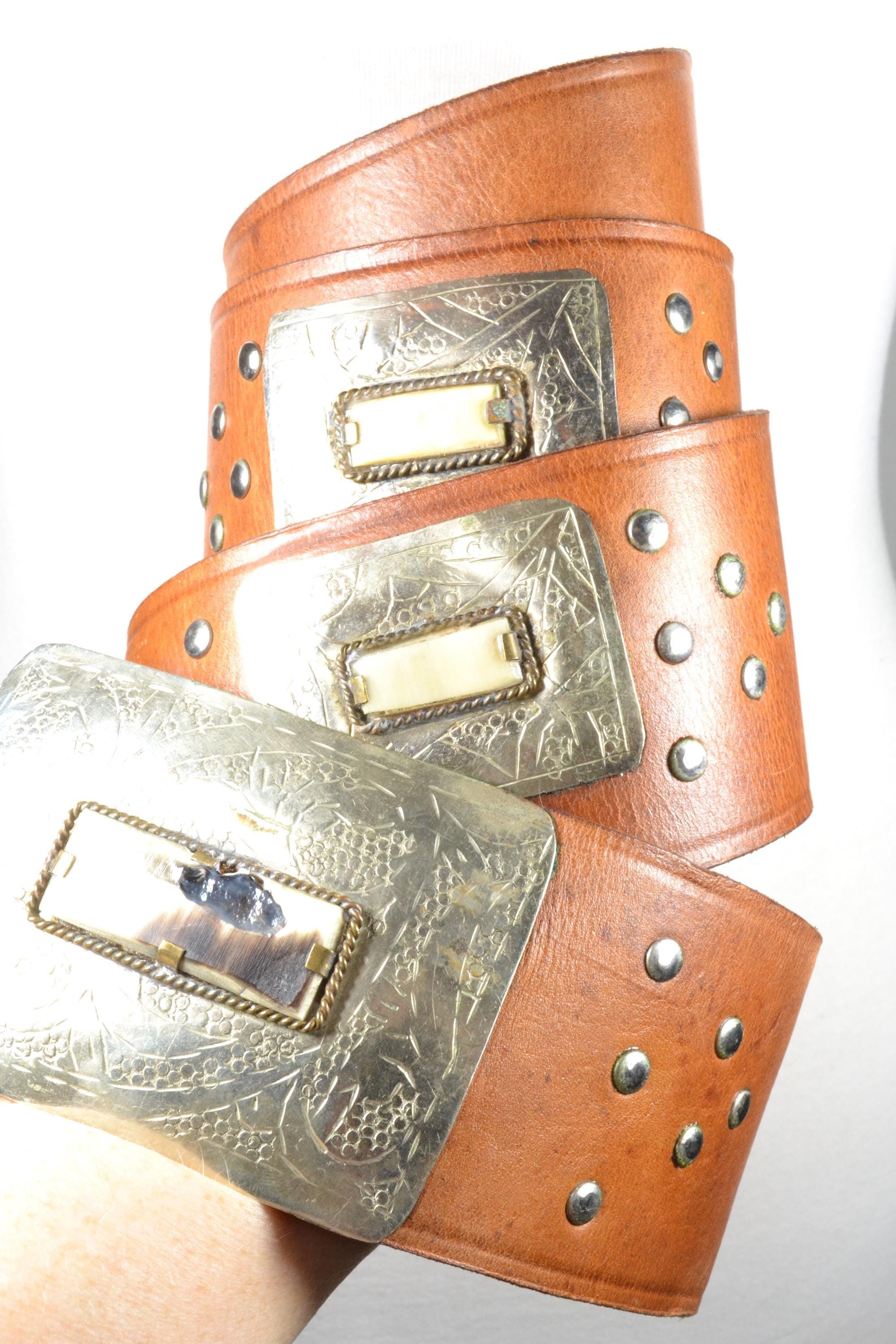 Vintage Brown Tan Leather Wide Large Buckle Gemstone Concho 38\