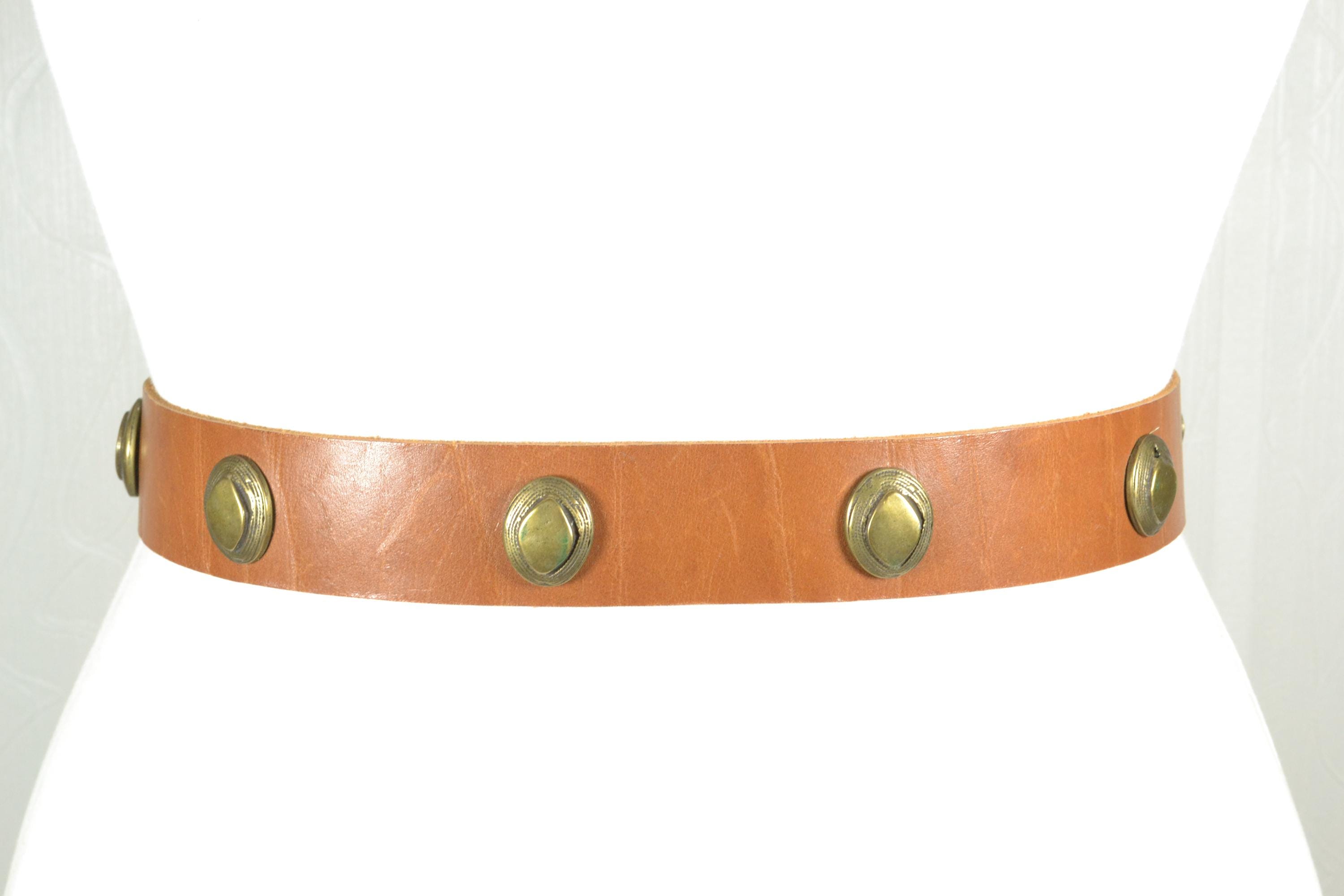 Papa & K Vtg Brown Leather Studded Belt Antique Brass Ornate Buckle Western Boho VTG Papa & K Orange Gems Bronze Metal BUTTERFLIES Leather  main image 4