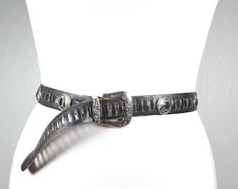 CARLISLE Vintage Leather Black Belt Adjustable Silver and  display picture 3