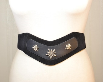 Vintage Black V-Shaped Suede Leather Belt with Edelweiss Conchos, Wide Alpine Boho Corset