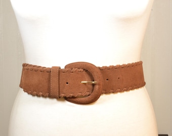 Vintage Wide Tan Suede Leather Belt with Covered Round Buckle, Boho Western