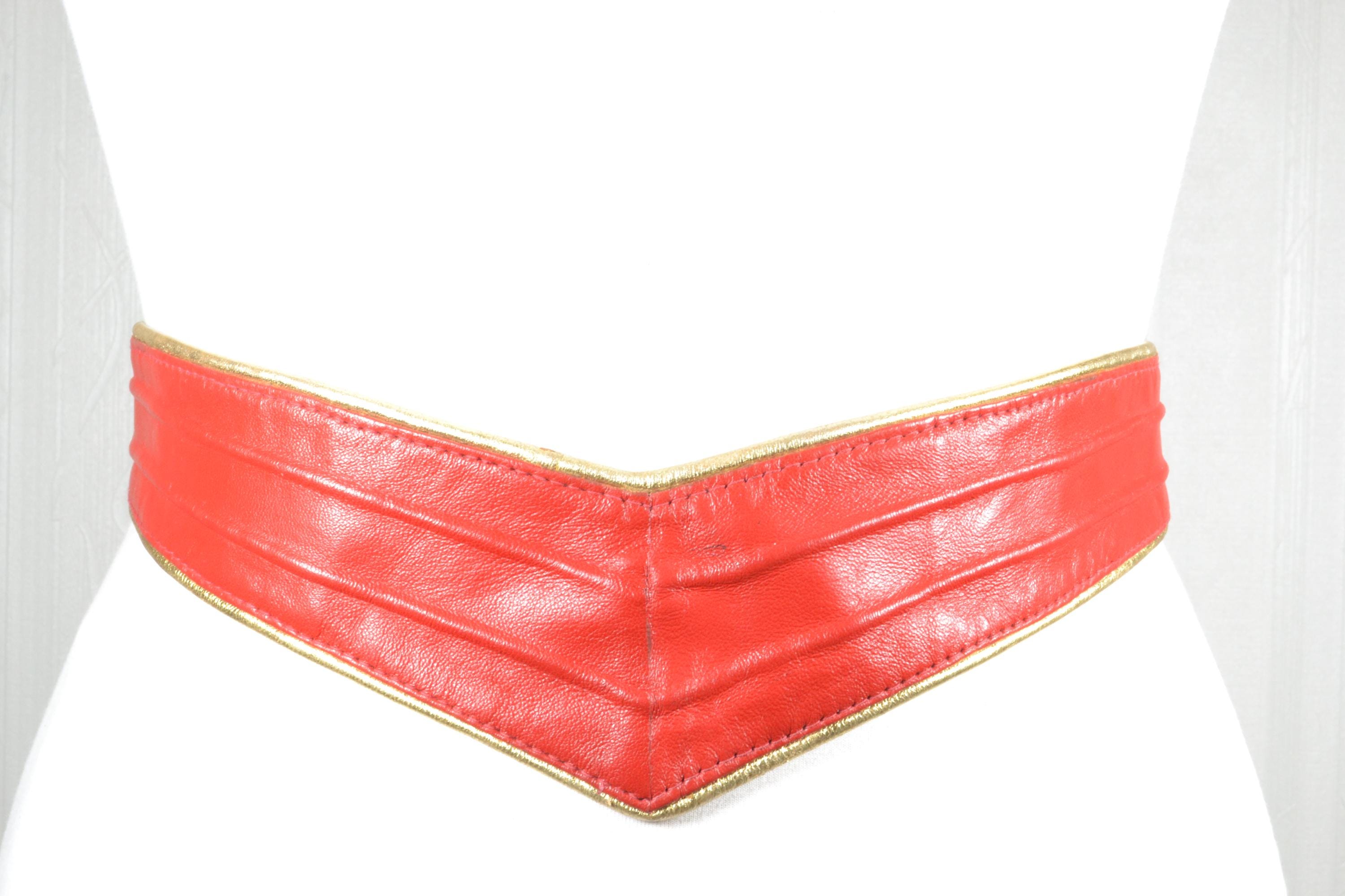 VTG Rodo Italy Red Leather Skinny Belt Gold Horseshoe Buckle Adjustable Waist Adjustable Fashion Belt S M Women main image 2
