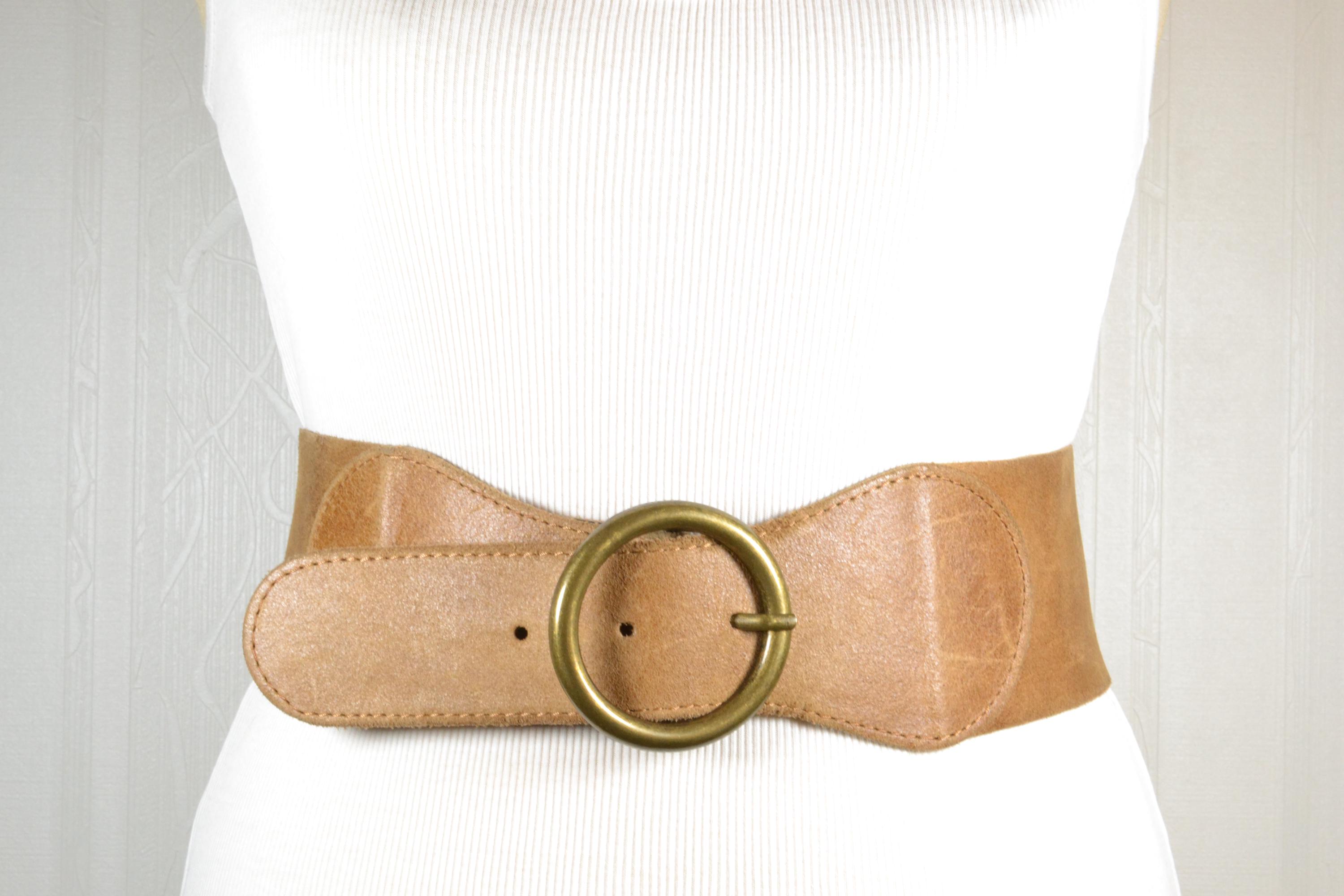 Vintage Brown Leather Corset Belt With Round Brass Buckle - Etsy display picture 1