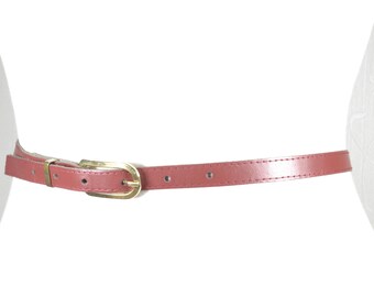 Vintage Skinny Burgundy Leather Belt With Gold Buckle, Boho Slim