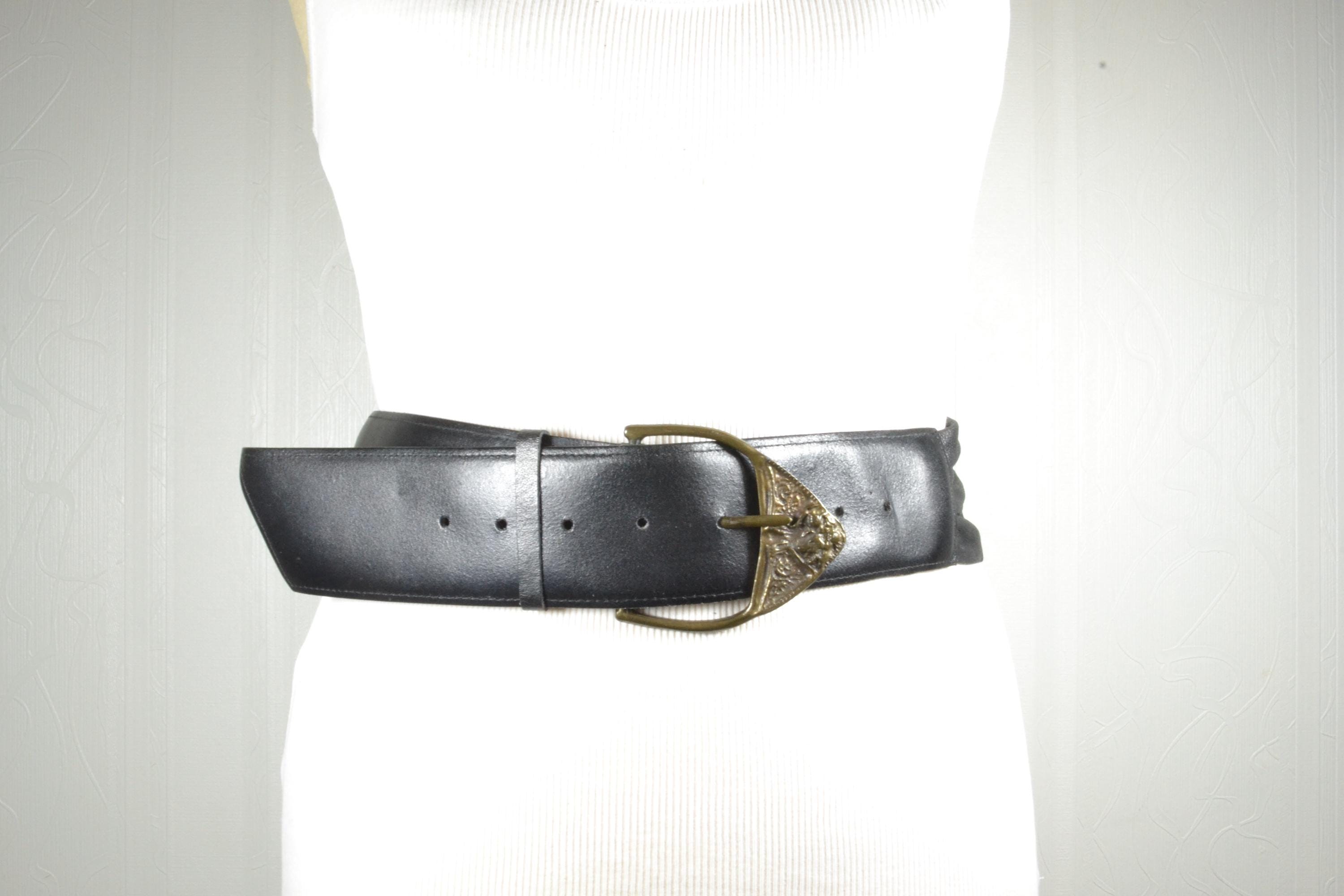 Vintage Wide Black Waist Belt with Art Deco Buckle Wide Black 80 main image 4