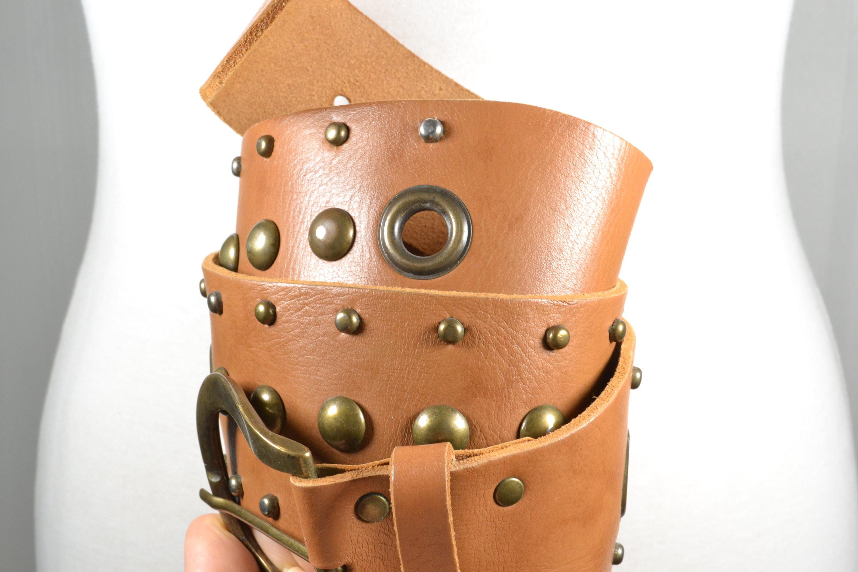 Vintage Wide Tan Studded Leather Belt With Brass Buckle 