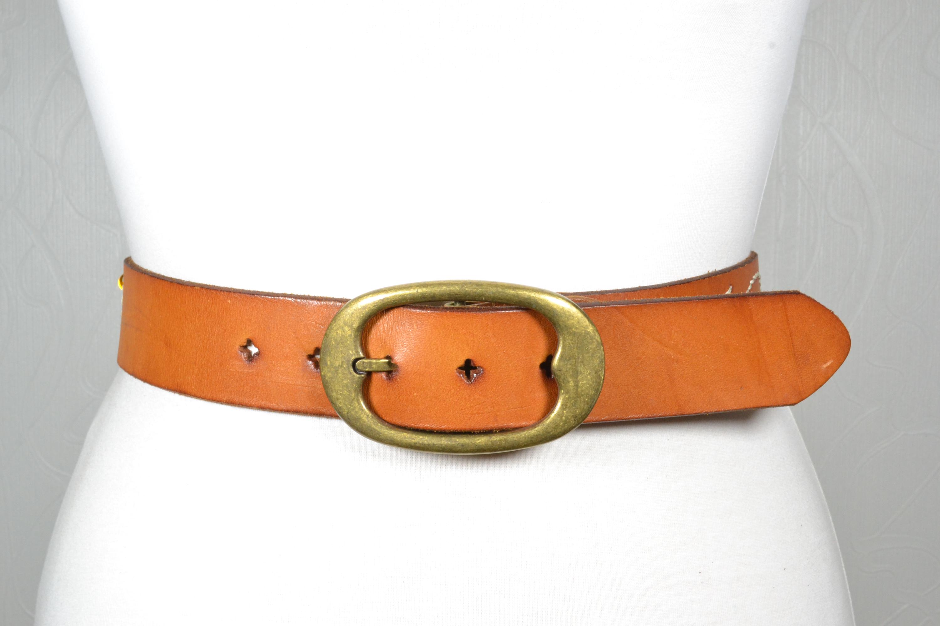 Vintage Boho Western Tan Leather Belt With Brass Oval Buckle  display picture 3