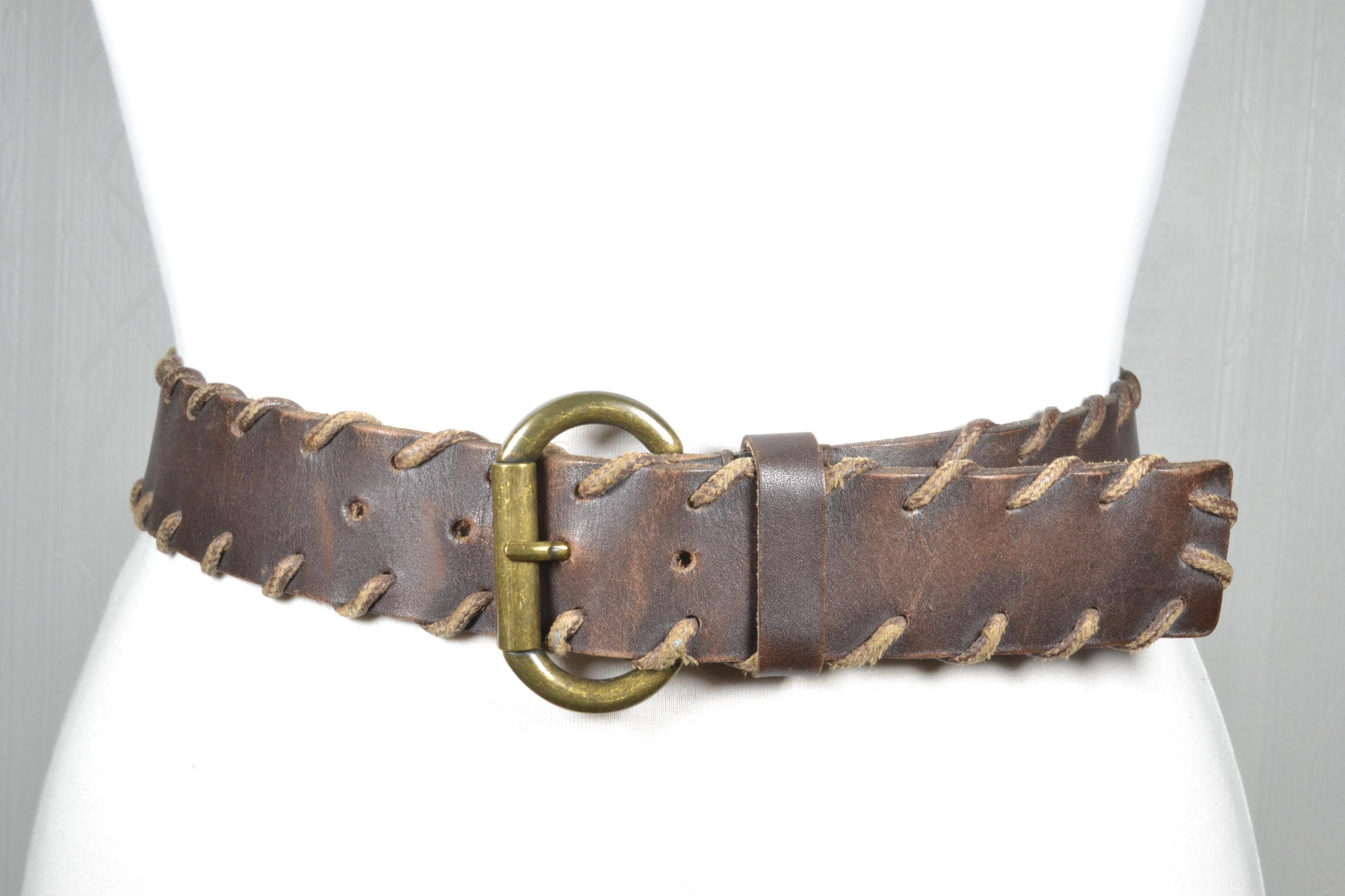 Vintage Boho Western Brown Leather Stitch Trim Brass Buckle  display picture 3