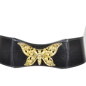 Rugged Black Latex Cinch Belt with Ornate Gold Butterfly, Vintage Wide Waist Belt, Elegant Corset Black Belt