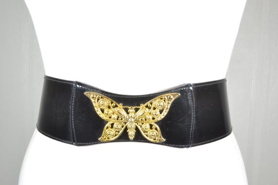 Rugged Black Latex Cinch Belt With Ornate Gold Butterfly  display picture 1