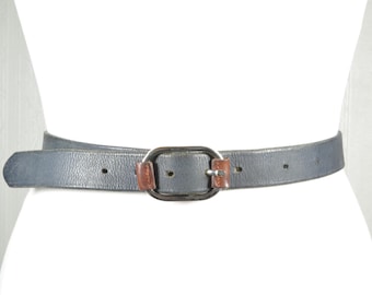 Vintage Navy Blue Leather Belt with Rounded Buckle and Brown Leather Accents, Industrial Belt