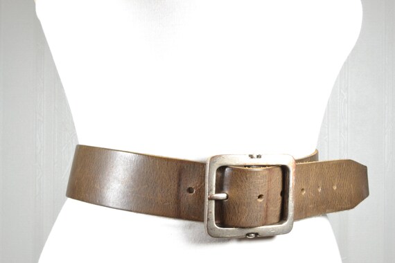 Wide Brown Leather Belt: Rectangular Buckle, Mini… - image 6