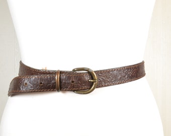 Magere bruine leren riem met koperen gesp, dunne bruine riem, bruine leren riem, gelooide leren riem, bruin bronzen riem