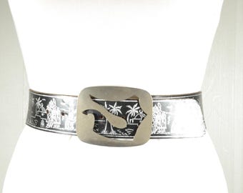 ヴィンテージブラックレザーベルト：エジプト柄、スクエアバックル