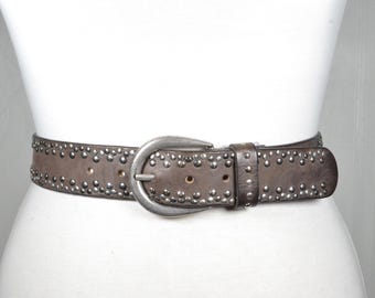 Vintage Rugged Western Brown Leather Studded Belt with Antique Silver Buckle