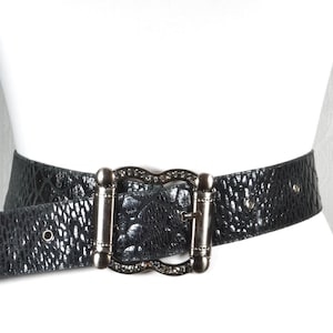 Vintage Black Textured Leather Belt, Wide Belt with Ornate Silver Buckle, Embossed Design for Women, High Waist Belts for Dress
