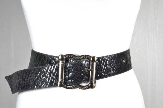 Vintage Black Leather Belt: Wide Embossed Belt With Ornate 