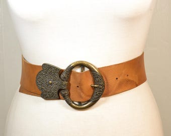 Vintage Wide Tan Leather Tribal Corset Belt with Ornate Antique Brass Buckle, Boho Moroccan Ethnic
