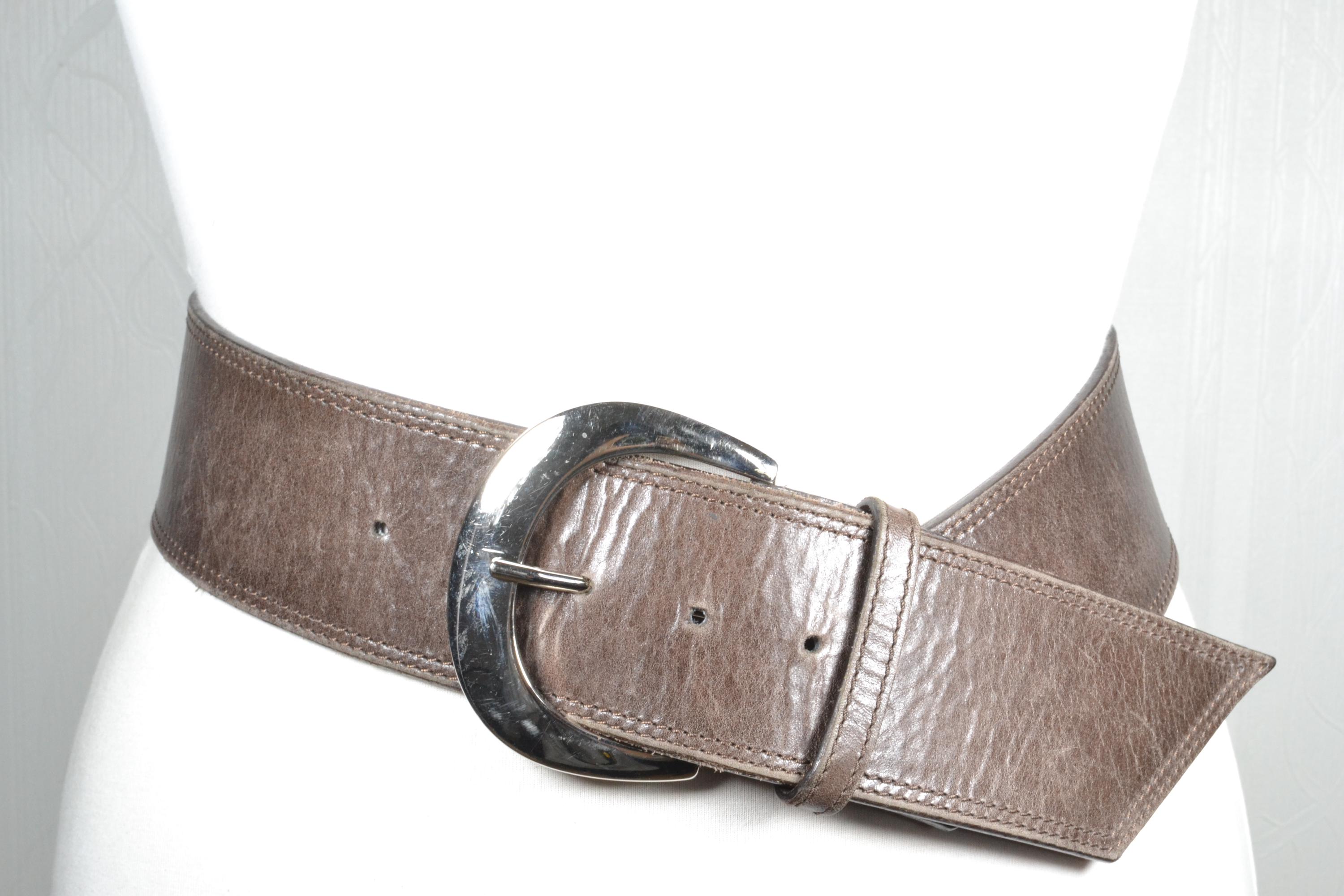 Vintage Wide Taupe Leather V-shaped Belt With Oversized 