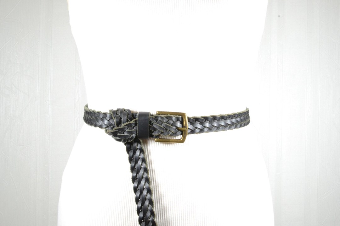 Vintage Style Black Braided Leather Belt Brass Buckle Size Medium Boho Western 90s Braided Black Leather Belt: Boho Woven Trouser Belt  main image 3