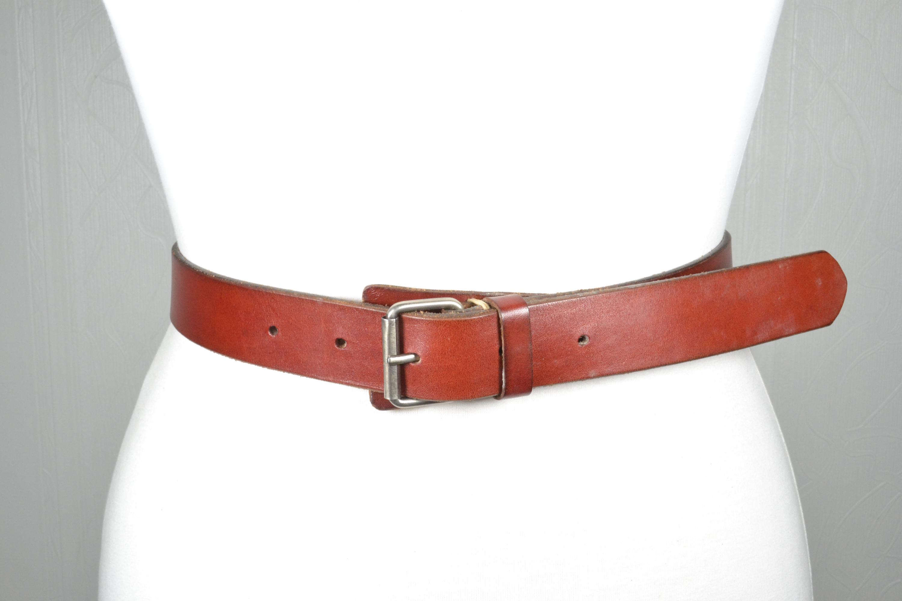 Vintage Burgundy Stitched Rugged Leather Belt With Classic Metal