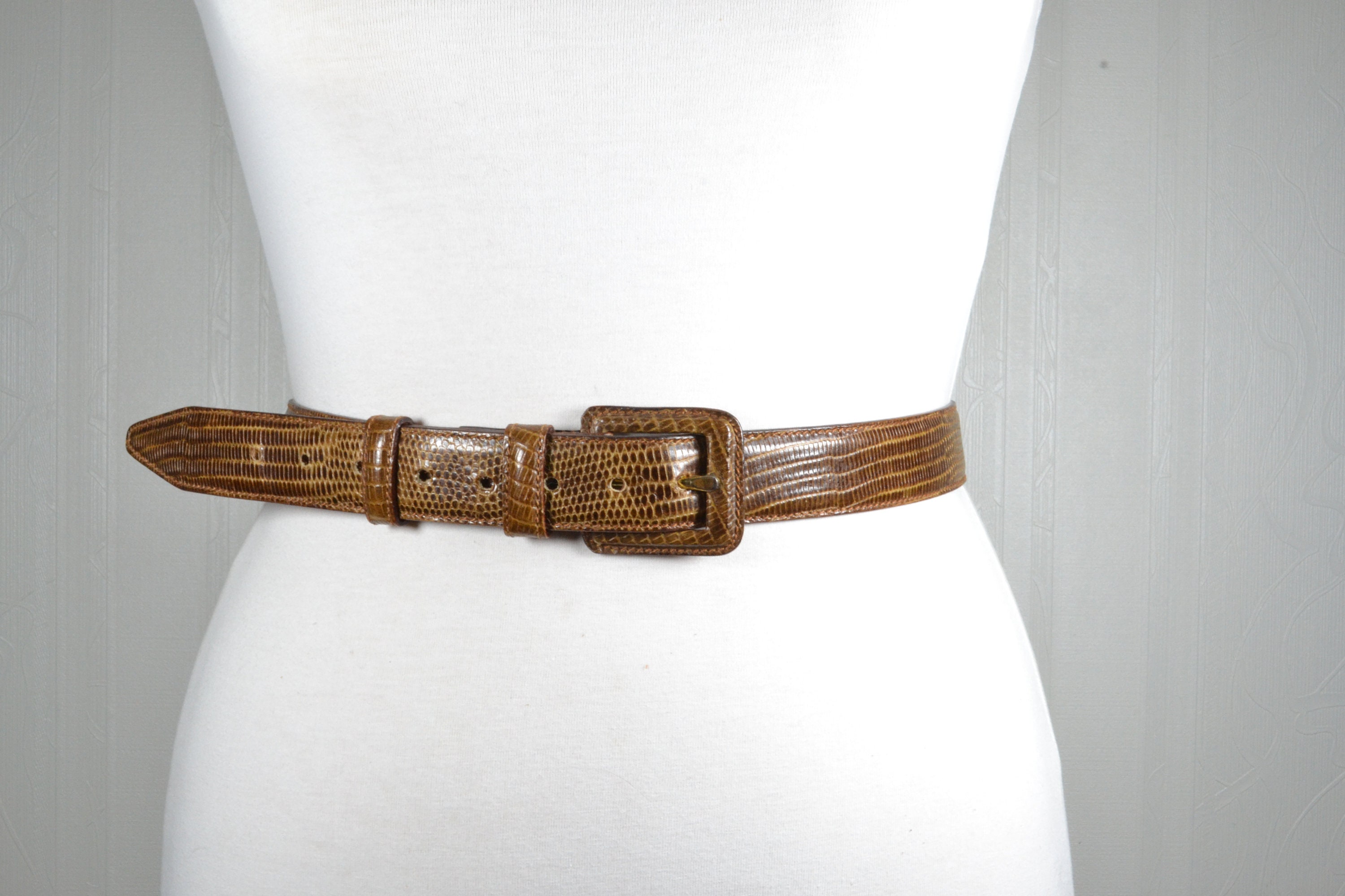 Vintage Brown Leather Belt: Snakeskin Pattern, Made in Italy 