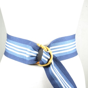 Vintage Nautical Blue and White Canvas Belt, Boho Summer Wrap Belt with Bamboo Buckle, Wide Cotton Waist Tie Belt, Coastal Chic Resort Belt